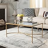 Gold Leaf Glass Coffee Table Bohemian Eclectic Modern Contemporary Rectangular Metal Goldtone Finish
