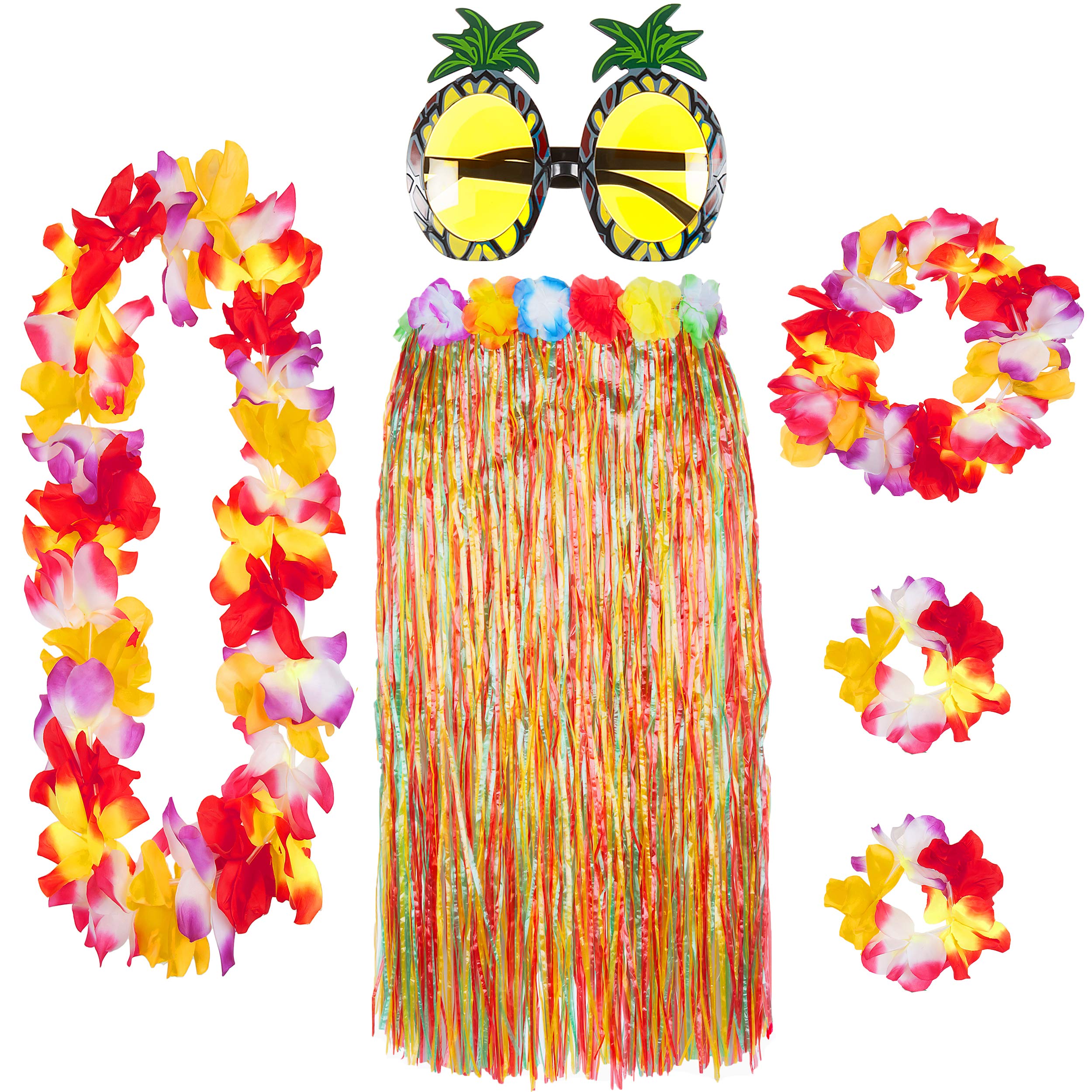REDSTAR Deluxe 6 Piece Hawaiian Skirt Set with Lei Garland Pineapple Glasses Summer Hawaii Party (Multi) One Size