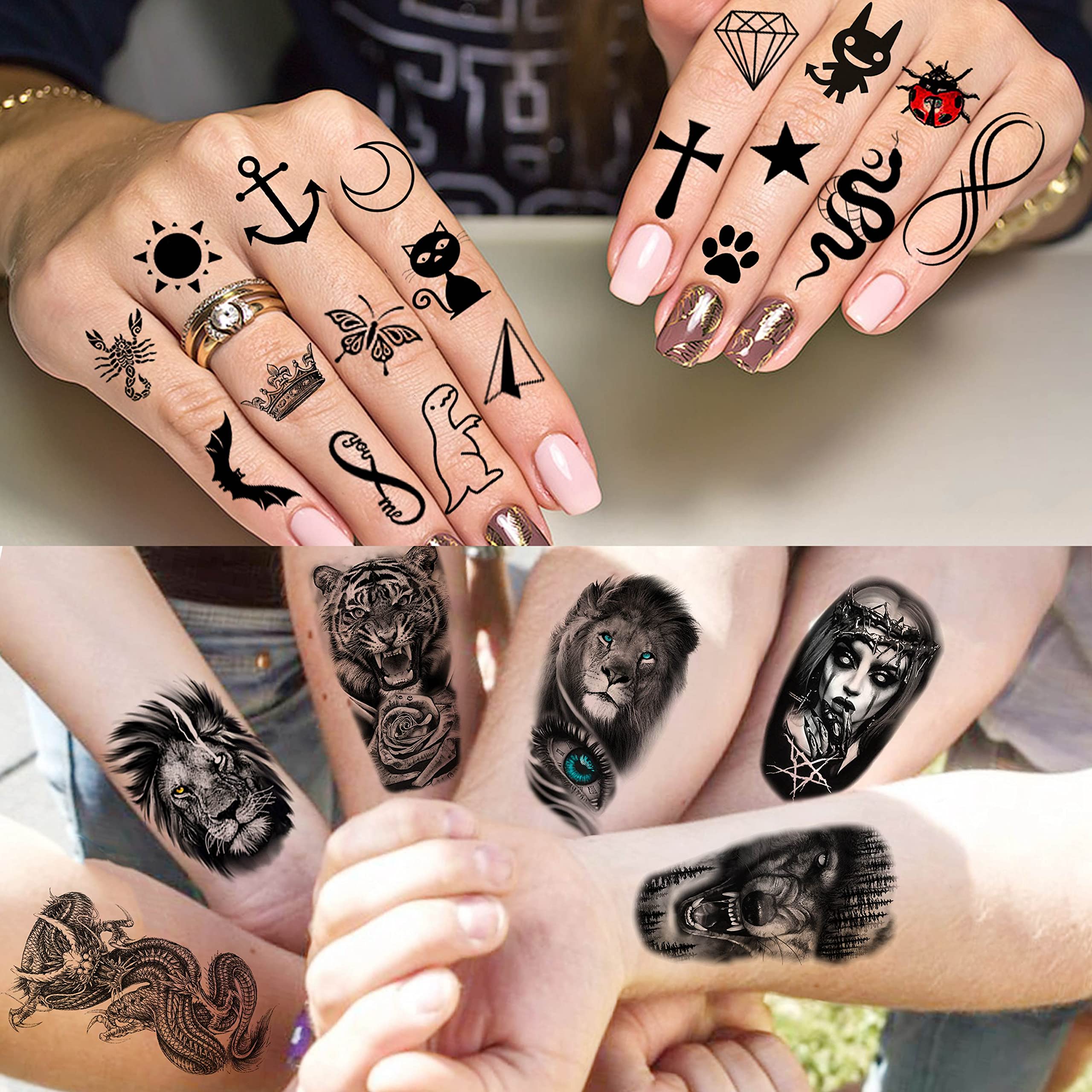 COKTAK 68 Sheets Large Half Arm Sleeve Temporary Tattoos For Men Women Forearm, Tribal Wolf Tiger Lion Owl Skull Temp Halloween Fake Tattoo Stickers Adults, Black Realistic Tattoo Flower Rose Animals