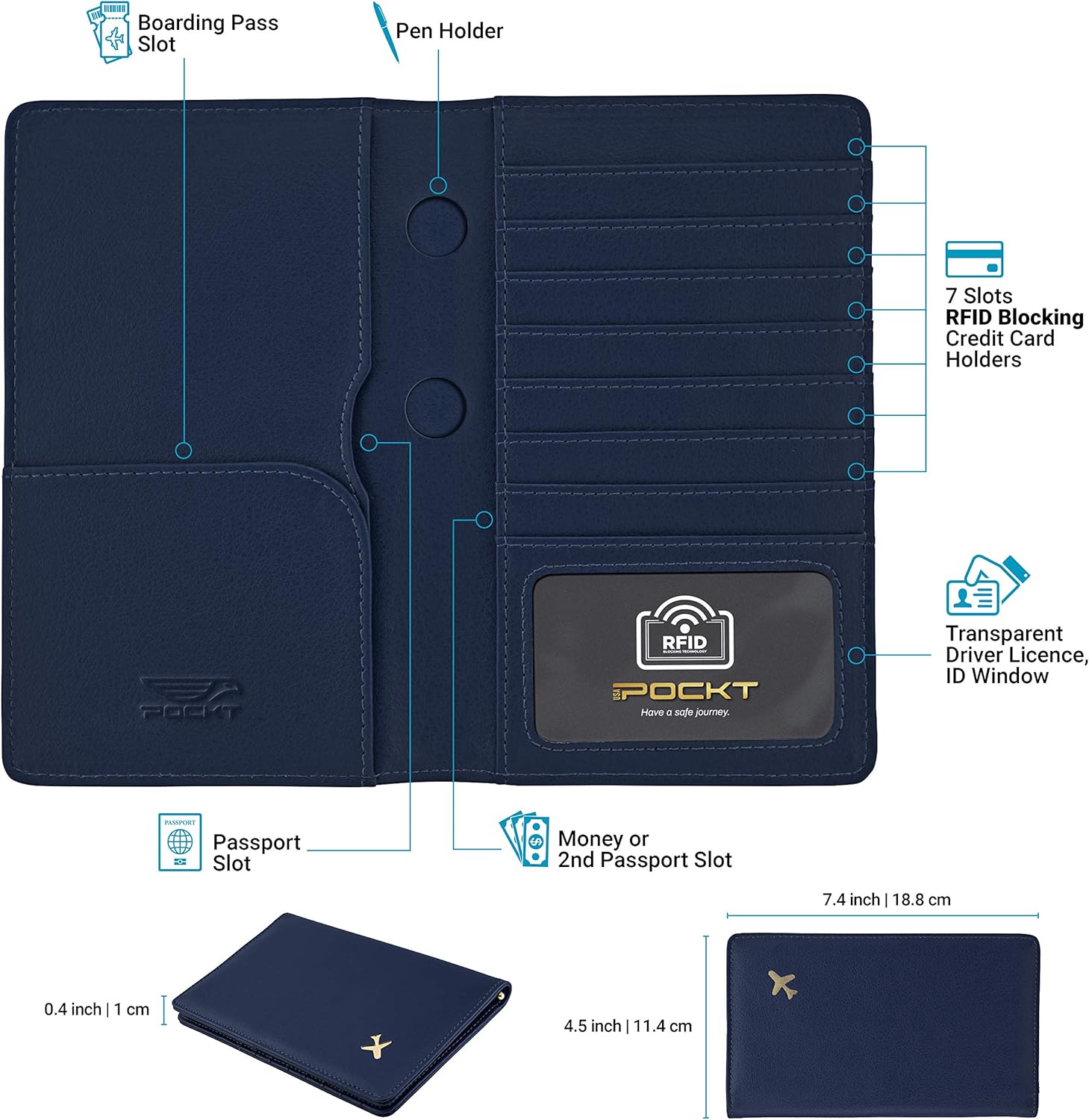  | Passport Holder by POCKT - RFID Blocking Travel Wallet for Safe Trip, Document Organizer + Gift Box | Mindight Navy | Passport Wallets