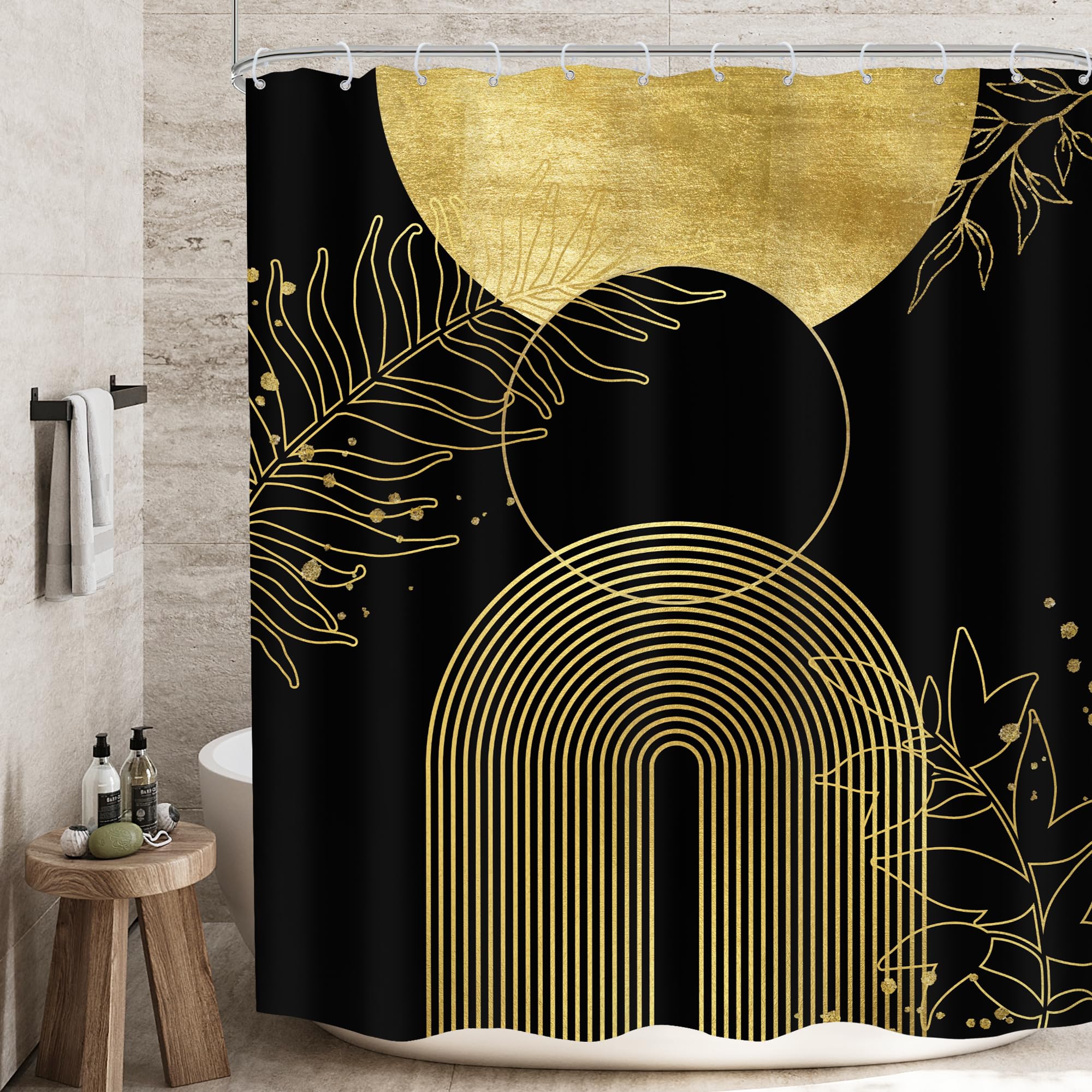 Mitpok Black Gold Boho Shower Curtain 60Wx72H Mid Century Modern Abstract Leaves Plant Sun Bathroom Decor Minimalist Geometric Arch Line Vintage Aesthetic Bath Curtain Fabric Polyester 12 Pack Hooks