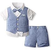 Volunboy Baby Boys Summer Suits Short Sleeve Wedding Ring Bearer Outfits 4Pcs Graduation Dress Vest Shirt Bowtie Shorts Set