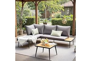 Devoko Outdoor Sectional Furniture Patio Sectional Sofa with Acacia Wood Table, Patio L-Shaped Conversation Set with All-Weather Cushion for Patio,Garden,Backyard(Gray)