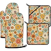 Boho Floral Oven Mitts and Pot Holders Sets 4Pcs,Extra Long Oven Gloves Potholder for Kitchen Cooking Baking BBQ 100% Cotton Heat Resistant
