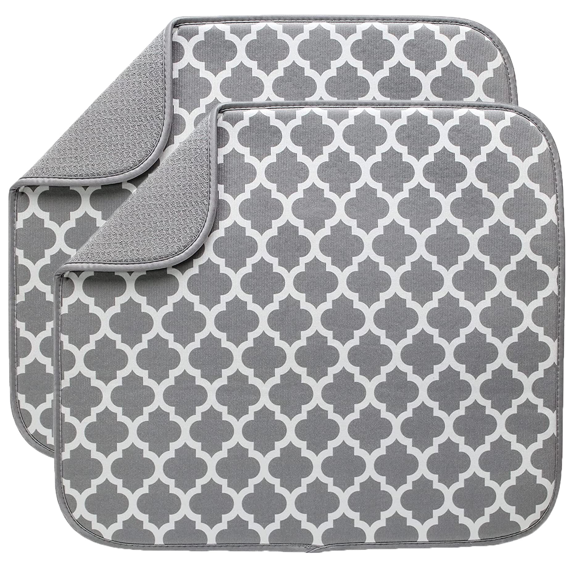 BW&HM Draining Board Mats Draining Mat Microfibre Dish Drying Mat for Kitchen Counter Washing Up Mat Super Absorbent Reversible 40 x 46 cm 2 Pack Grey Trellis