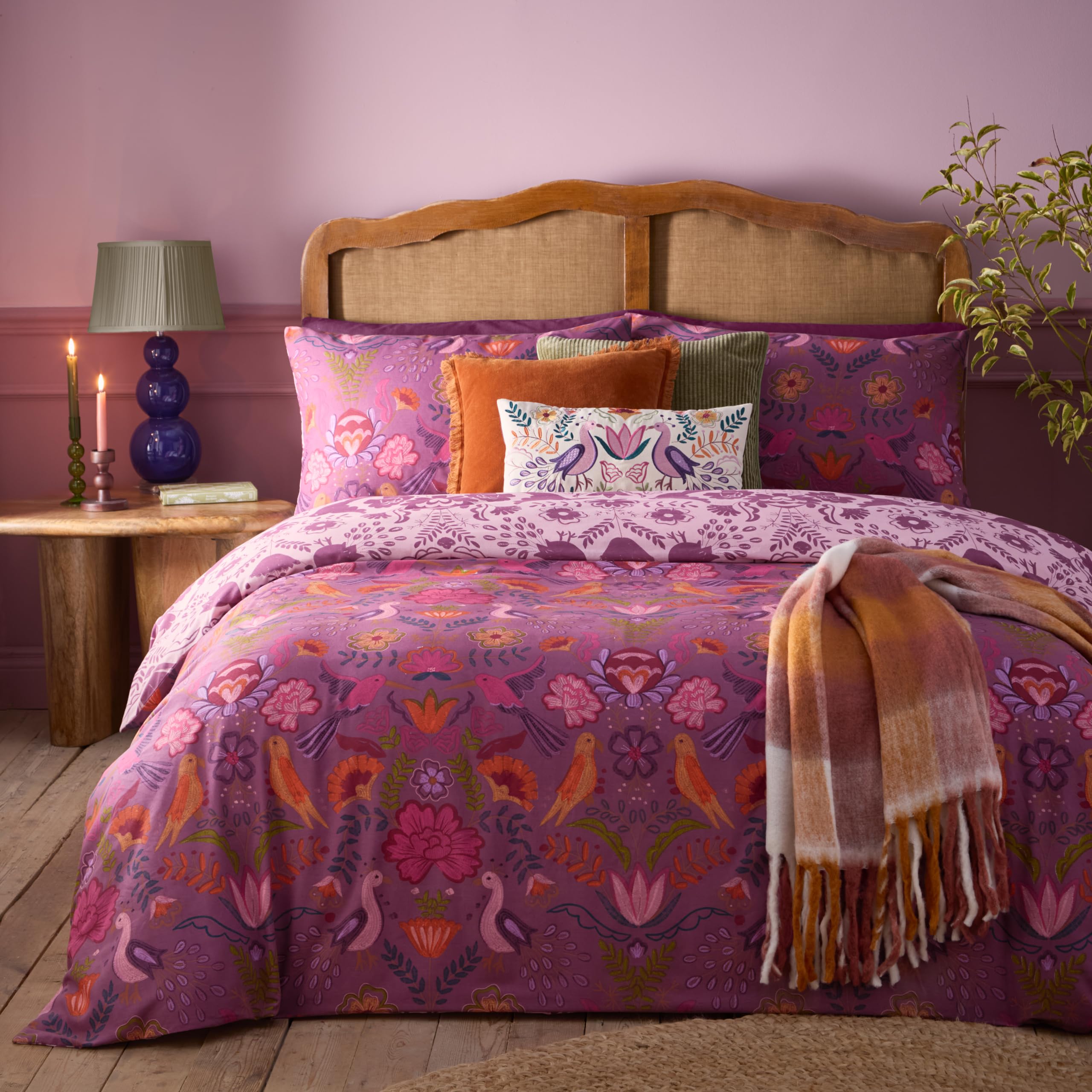 furn. Broderie Floral Reversible Duvet Cover Set - Embroidery Inspired Illusionary Bedding (Damson - Super King)
