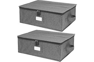 POPOLY China Storage Containers Hard Shell 2 Pack, Platter Storage Case 17" x 13" x 6", 5 Felt Dividers Included, Structured Top and Stackable (Linen Grey)