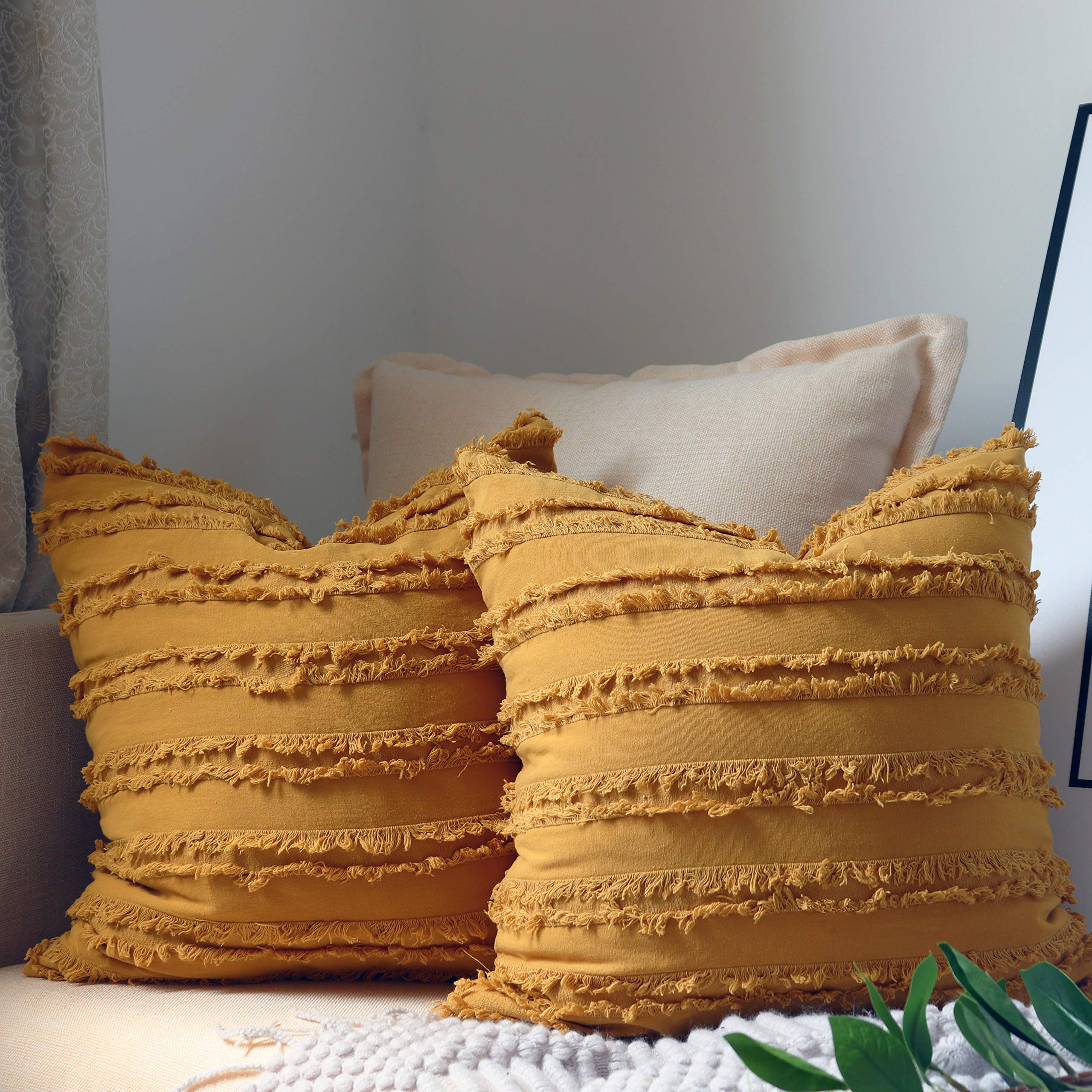 NAVIBULE Pack of 2 Mustard Yellow Decorative Throw Pillow Covers Bohemian Pillow Cases with Tassels Farmhouse Striped Decor Outdoor Square Cushion Covers for Chair Bench 18 x 18 Inches