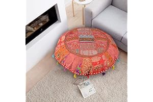 ShakDeco Cotton Khambadiya Cushion Pouf Cases Ottoman Sham Patchwork Large Round Floor Pillow Cover Meditation Cushions Cover 32" Inch (Orange)