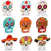 9 Pcs Day of the Dead Decorations Mexican Sugar Skull Table Decor Wooden | Dia De Los Muertos Party Centerpiece Decoration Floral Design Standing Skull Signs for Mexican Halloween Home Room Altar