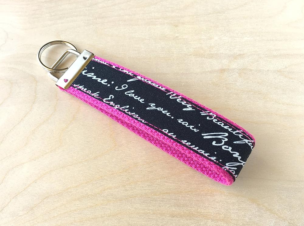 Fabric wristlet keychain, key fob French Script Handmade