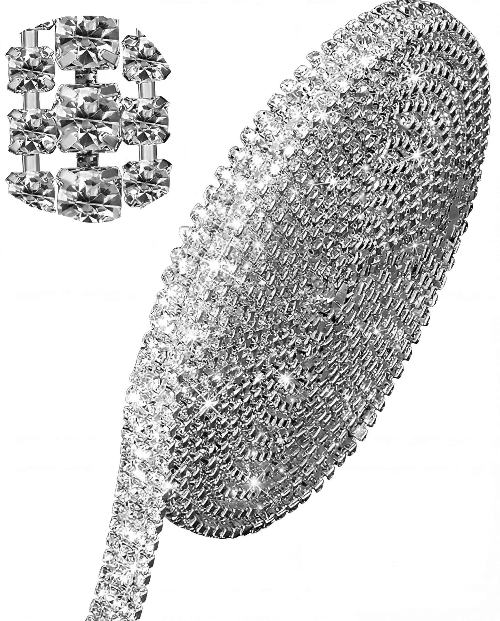 Hicarer 3 Rows Crystal Rhinestone Chain Strips 3 Yard x 0.47 Inch Chain Trim for Sewing Craft, DIY, Wedding, Jewelry, Decoration (White Rhinestone with Silver Base)