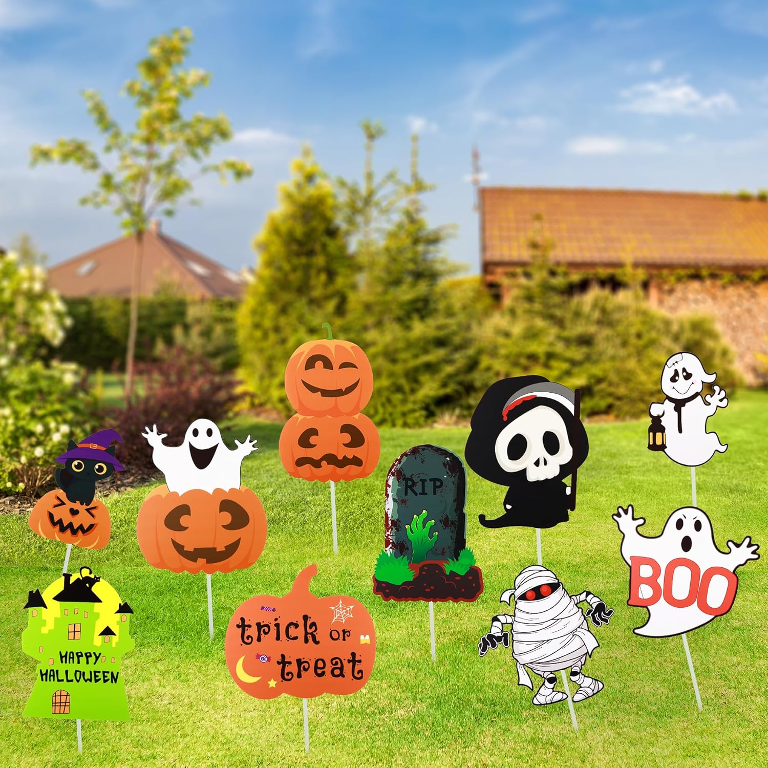 Yard Signs - Halloween Yard Decorations Outdoor Décor, 10PCS Halloween Yard Signs Set of Pumpkin Monster, Scarecrow Trio, Ghosts, Mummy, Black Cat (Cartoon 10PCS)