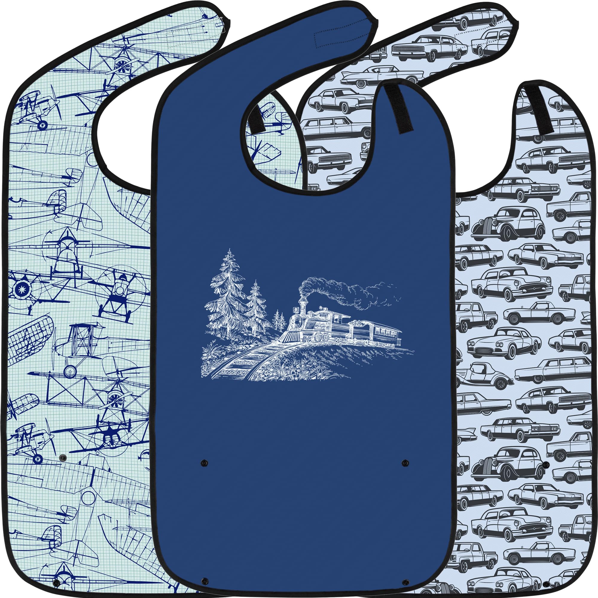 Adult Bibs for Eating: Reusable Adult Size Bib for Men and Women - Washable Clothing Protector with Crumb Catcher Pocket - 3 Pack (Variety) Trains Planes and Automobiles