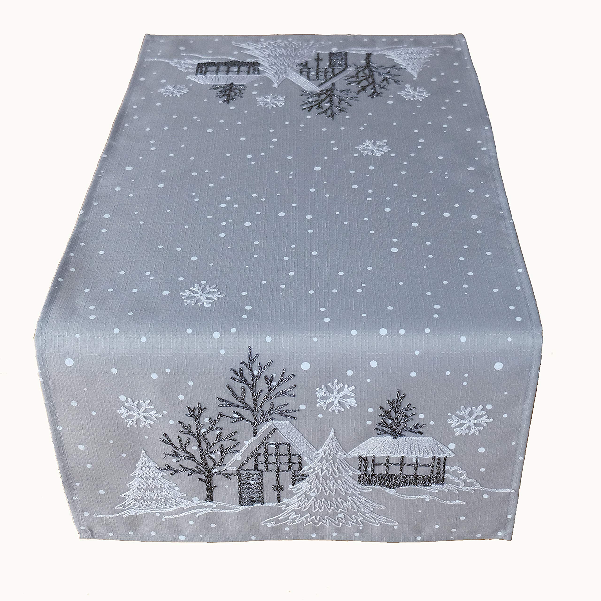 Raebel OHG Table Runner Embroidery Winter Village Christmas White Decorative Christmas Tablecloth, Hellgrau-weiß, 85 x 85 cm