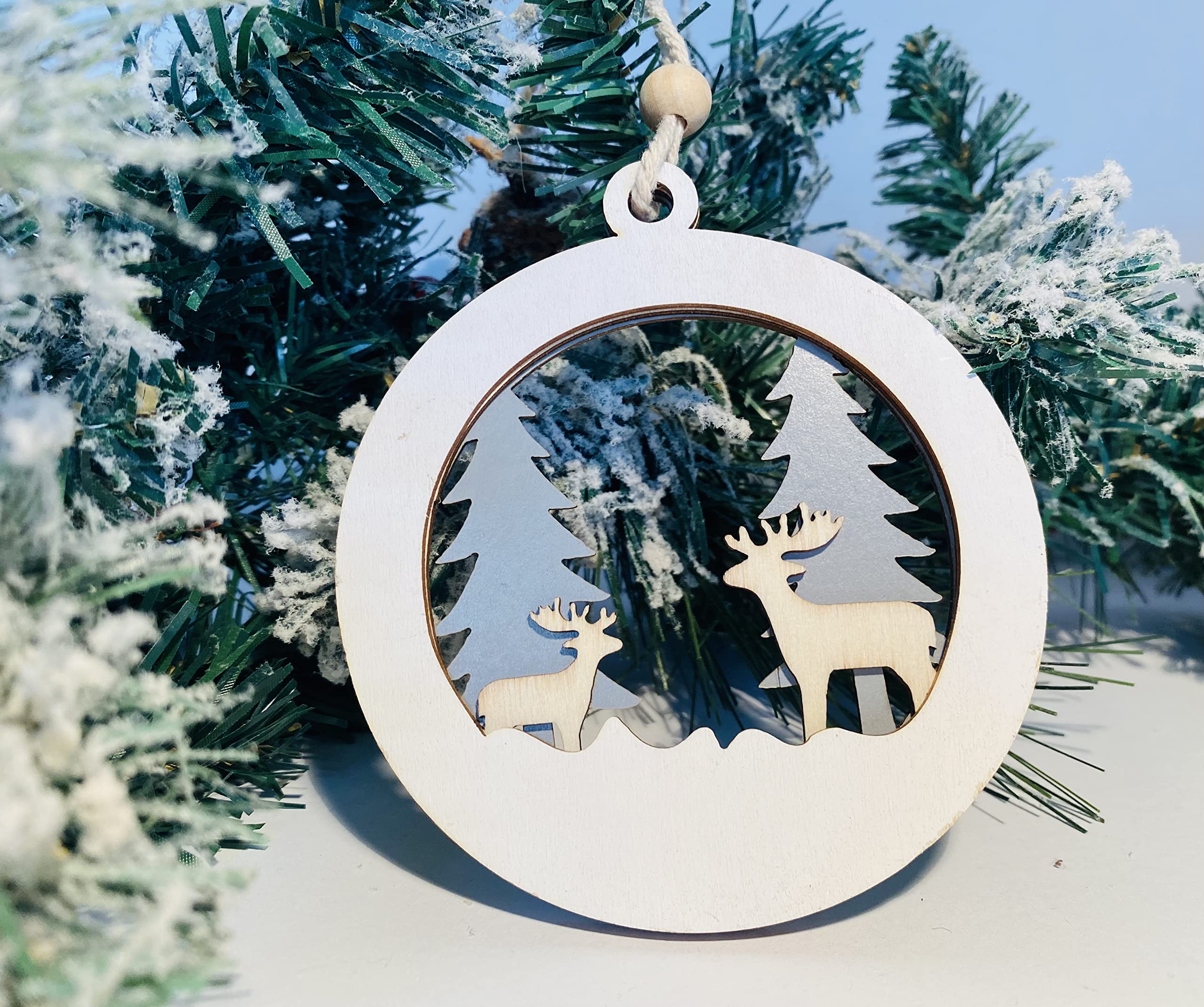 Mezzaluna Gifts Hanging White & Grey Wooden Deer with Trees Christmas Decoration