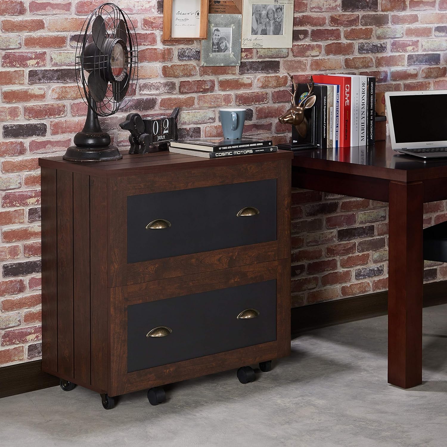 Amazon Com Rustic Vintage Walnut 2 Drawer File Cabinet Foa Black Brown Cabin Lodge Mdf Veneer Wood Mobile Kitchen Dining