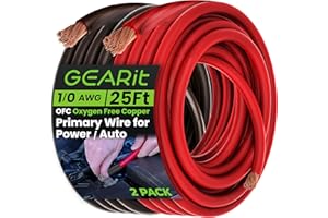 GEARit 1/0 Gauge Wire Oxygen Free Copper OFC (25ft Each- Black/Red Translucent) 0 AWG - Primary Automotive Wire Power/Ground, Battery Cable, Car Audio Speaker, RV Trailer, Amp, Electrical 0ga 25 Feet