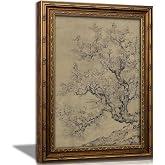 Vintage Gold Framed Cherry Wall Art, Retro Sketch Floral Canvas Painting Picture Wall Decor, Tree Landscape Poster Print Artwork for Living Room Bedroom