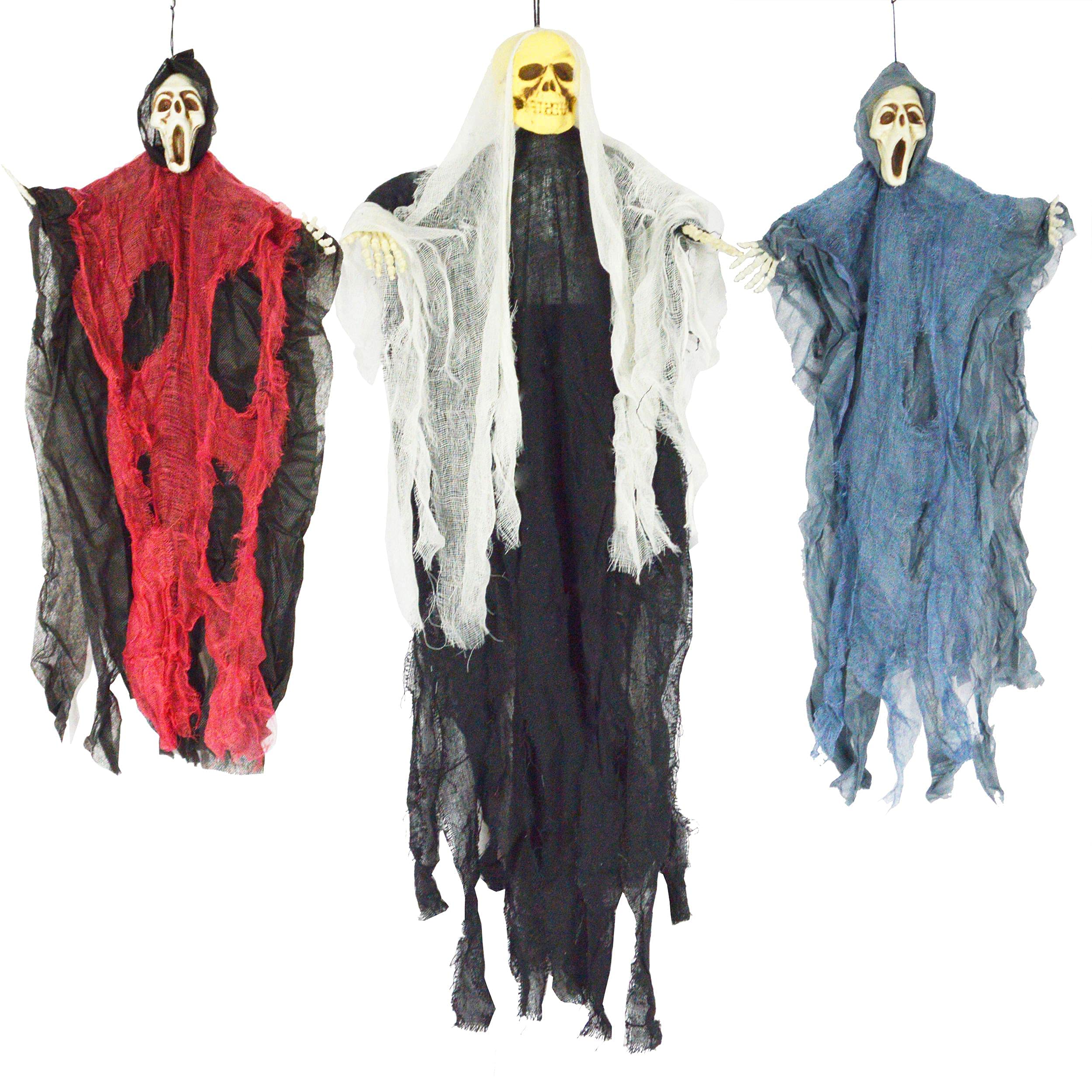 JOYIN 3 Pack Halloween Decorations: Skeleton Ghost & Grim Reapers (35" Hanging Ghost Skeleton, Two 25" Hanging Reapers)