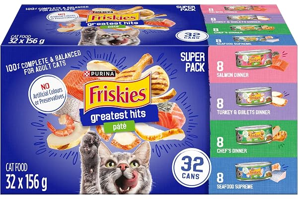 Friskies Greatest Hits Wet Cat Food, Pate Variety Pack 4 Flavours - 156 g Can (32 Pack)
