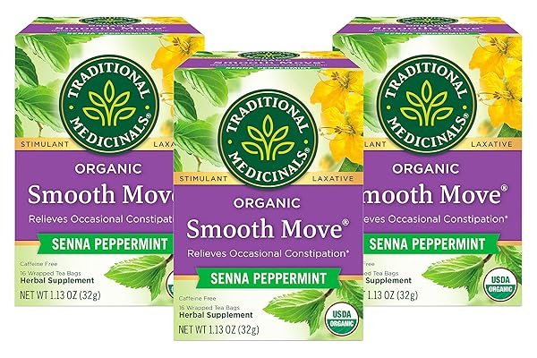 TRADITIONAL MEDICINALS ORGANIC SMOOTH MOVE SENNA PEPPERMINT HERBAL TEA, RELIEVES OCCASIONAL CONSTIPATION, (PACK OF 3) 48 TEA BAGS TOTAL