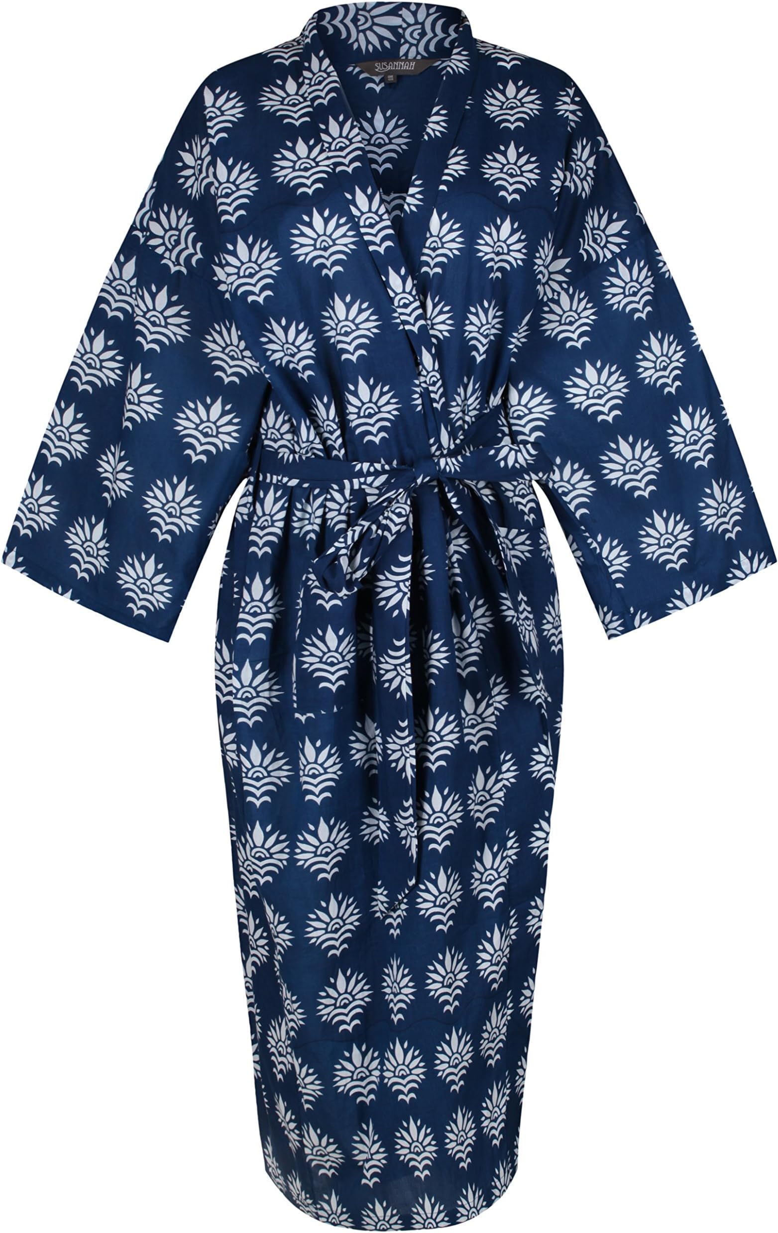 Ladies Lightweight Cotton Dressing Gown - Women's Kimono Robe 100% Cotton, Hand-Printed with Natural Dyes: Sun Flower White on Blue/One Size UK 10-18 / Europe 38-46