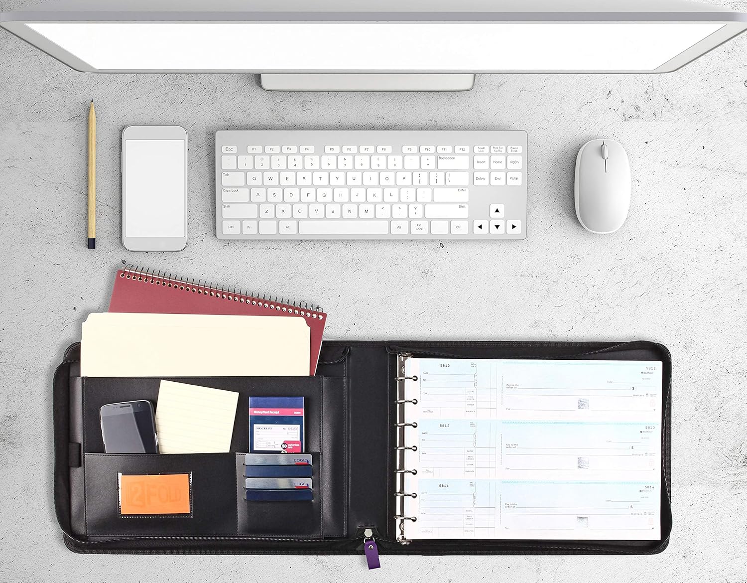 2Fold Zippered Business Check Binder 7 Ring for 3-Up Business Size Checks with Extra Business Card Case - PU Leather Deluxe 7 Ring Checkbook Binder Portfolio with 600 Check Capacity and Storage : Office Products