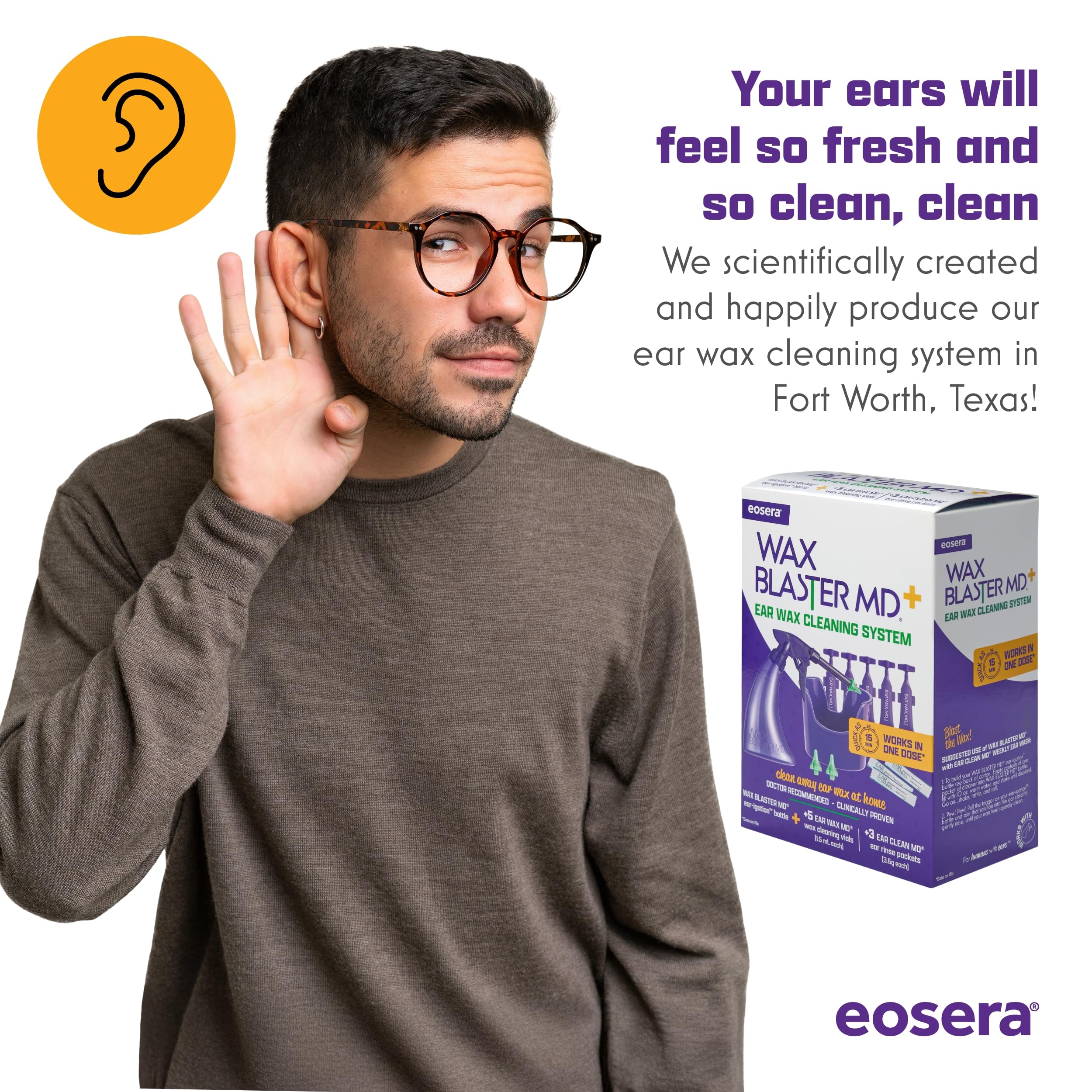 eosera® WAX BLASTER MD+ Cleaning Kit - Earwax Dissolver for Adults & Kids - Fast Acting, Doctor Recommended, Clinically Proven - Complete Irrigation Kit with 3 Ear Clean MD Packets & 5-ct Single Use Ear Wax MD Vials - Works in 15 Minutes