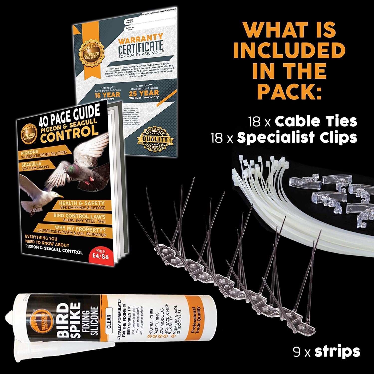 Defender Bird Spikes TV Aerial Pack Glue, Cable Ties & Clips Install Guide 3 Metre