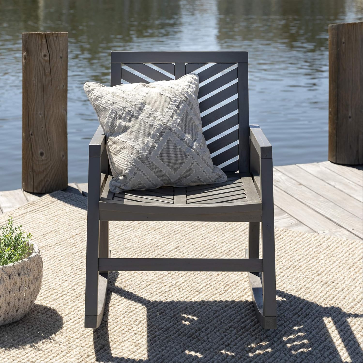 Walker Edison Furniture Company Outdoor Patio Wood Chevron Rocking Chair All Weather Backyard Conversation Garden Poolside Balcony, Set of 1, Grey: Furniture & Decor