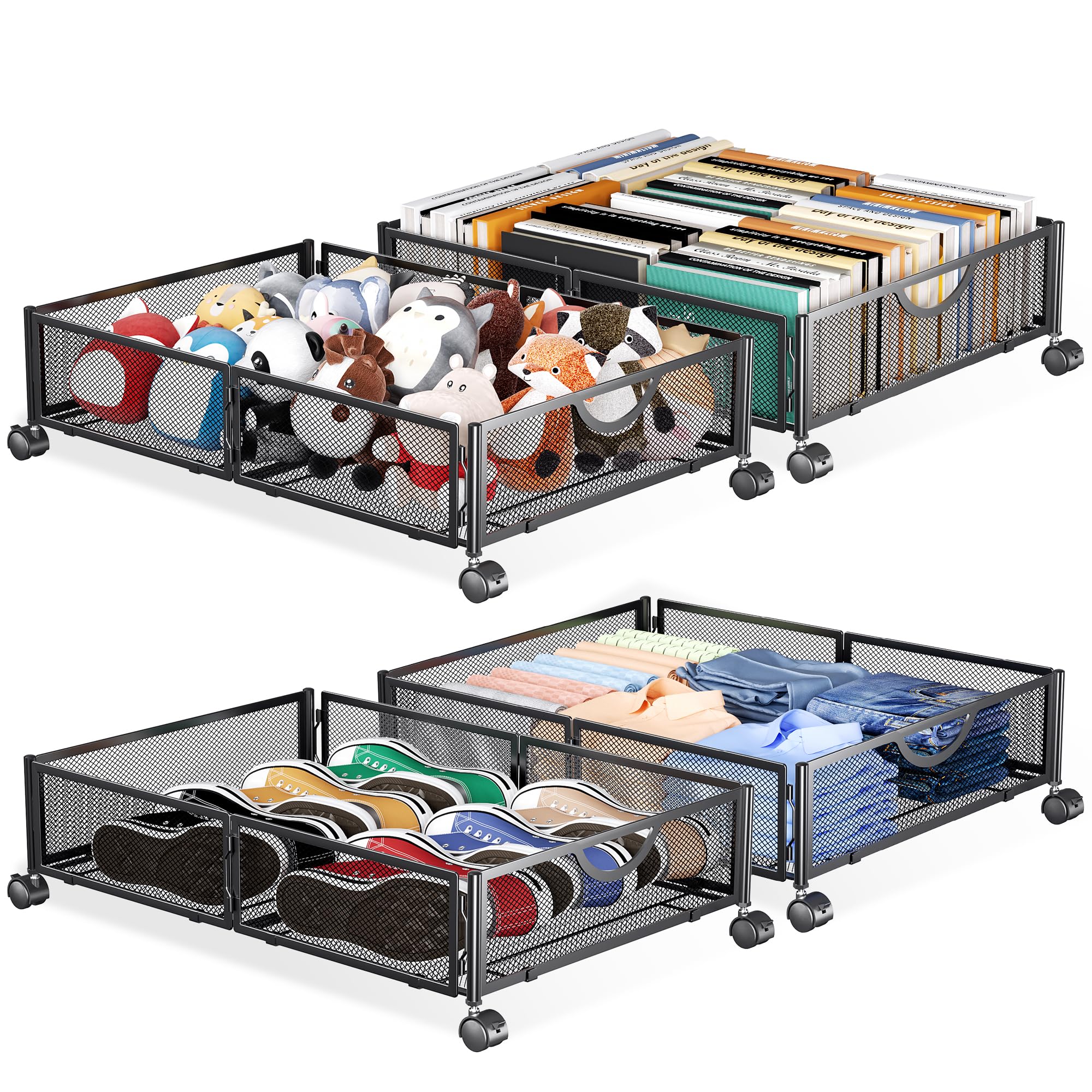 Photo 1 of Yecaye Under Bed Storage with Wheels, 4 Pack Under Bed Shoe Storage Organizer Drawer, Tool-free Assembly Metal Underbed Storage Containers for Clothes, Shoes, Black