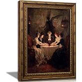 Vintage Gold Framed Gothic Wall Art, Victorian Seance Witch Oil Painting Canvas Prints, Dark Academia Halloween Wall Decor, Spooky Witchcraft Poster, Undead Ghosts Artwork for Bedroom Living Room