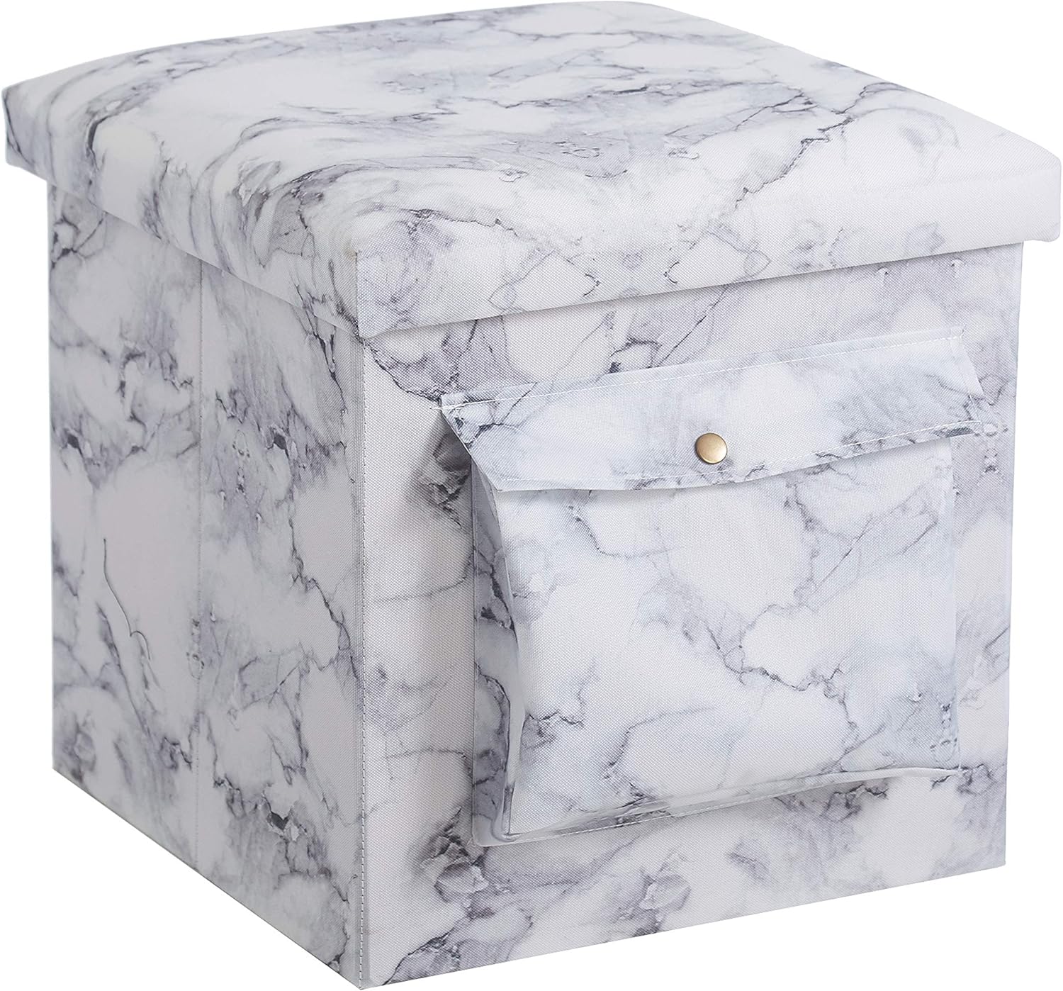 Urban Shop Collapsible Storage Ottoman with Laptop Stand Tray Lid and Storage Pocket, Marble,15"x15"x15", White