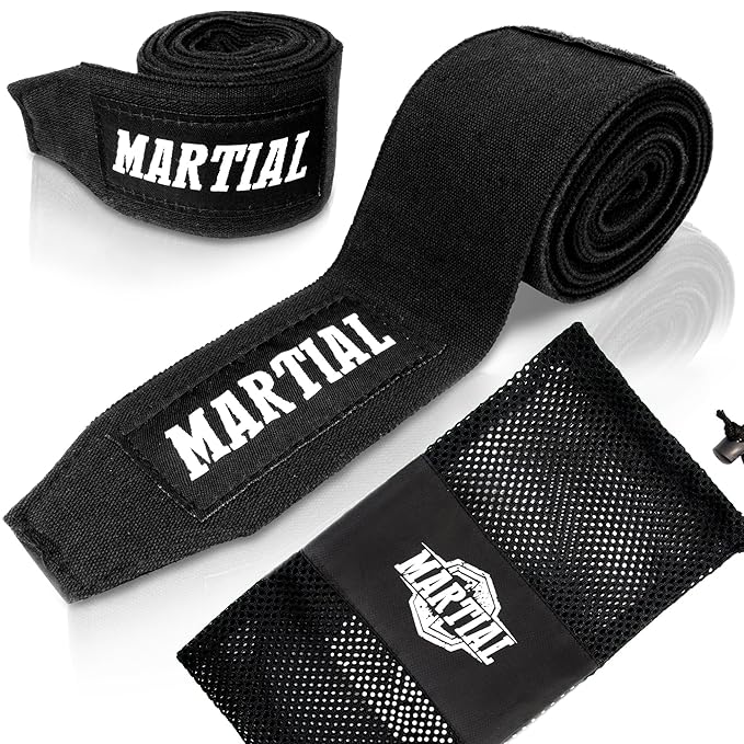title=Bende da boxe MARTIAL con velcro di prima qualità e passante per pollice.