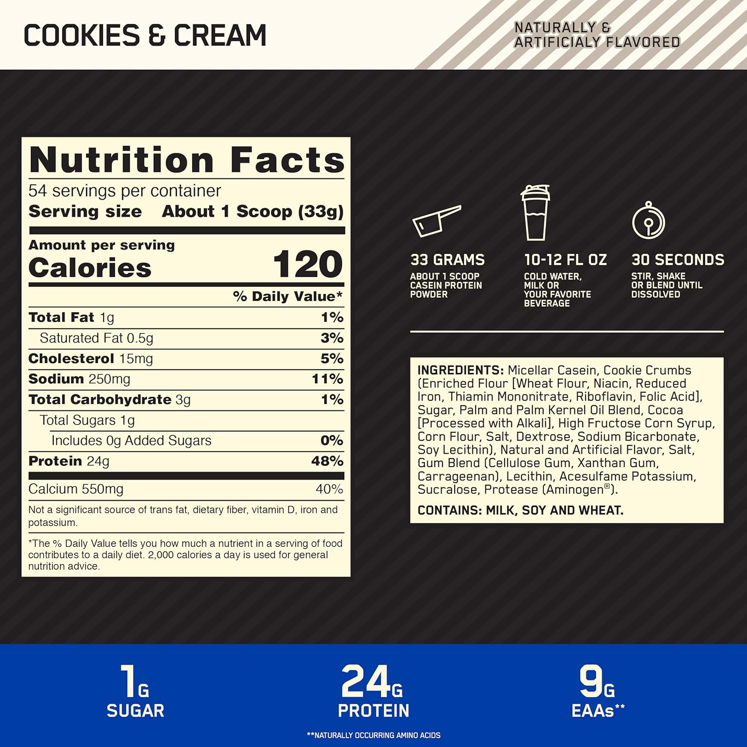 Optimum Nutrition Gold Standard 100% Micellar Casein Protein Powder, Slow Digesting, Helps Keep You Full, Overnight Muscle Recovery, Cookies and Cream, 4 Pound (Packaging May Vary): Health & Personal Care
