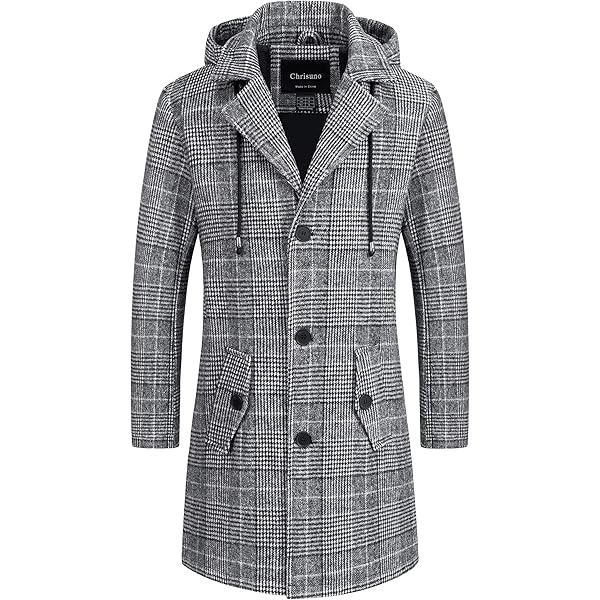 PopEle Mens Herringbone Tweed Trench Long Jacket Wool Outwear