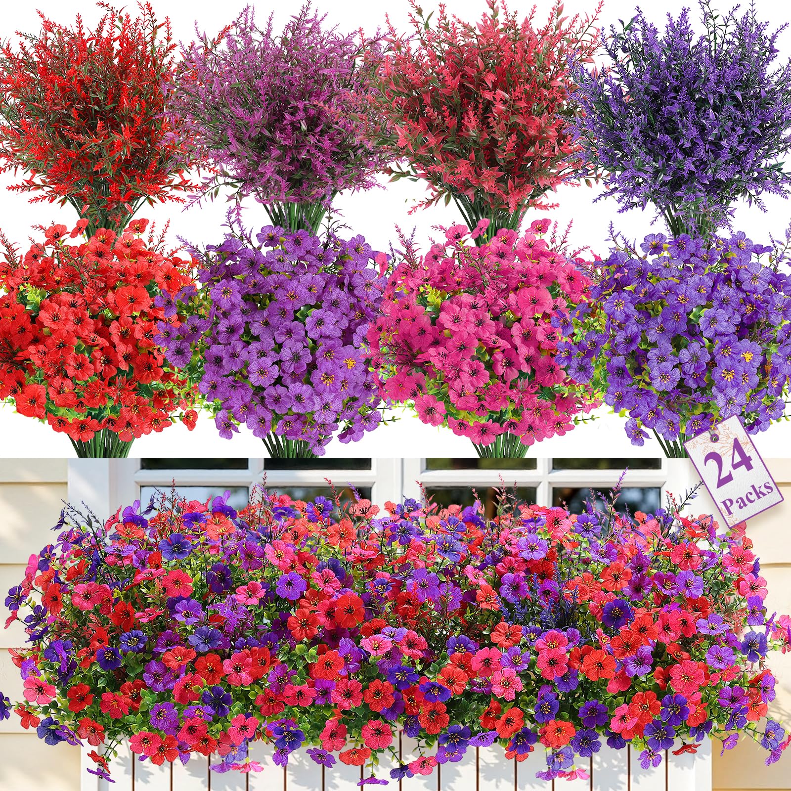 SHareconn 24 Bundles Artificial Flowers for Outdoors Decoration,Faux Plants Fake Silk Colorful Daisy Eucalyptus Lavender,UV Resistant for Outside Home Porch Indoor Spring Decor,RedRosyPurpleDeeppurple Image