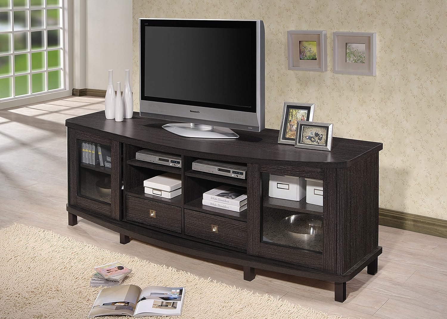 Baxton Studio Walda 70-Inch Greyish Dark Brown Wood TV Cabinet with 2 Sliding Doors and 2 Drawers (TV838070-Embosse)