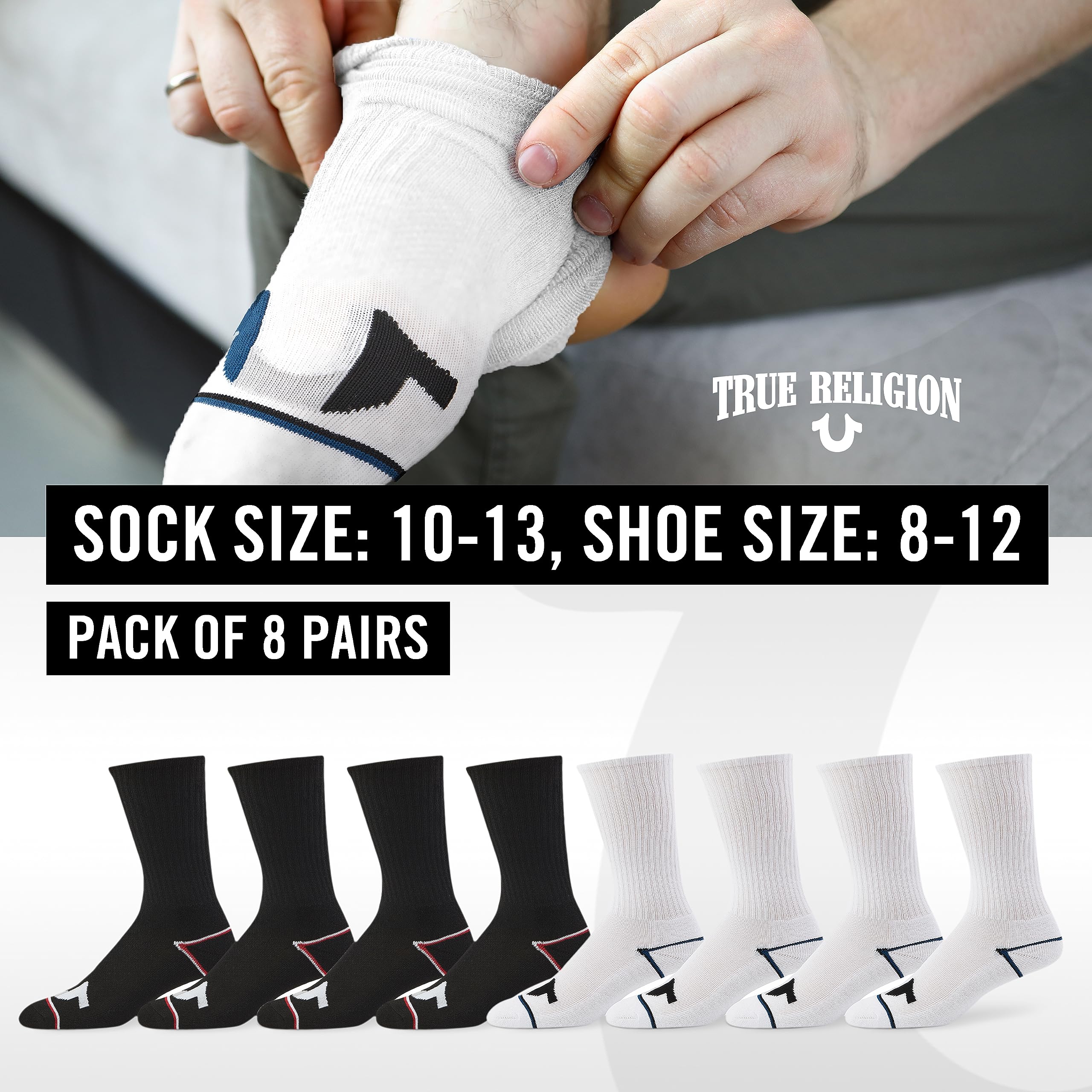 True Religion Mens 8 Pairs Crew Socks for Men Premium Athletic Men's Socks, Shoe Size 8-12