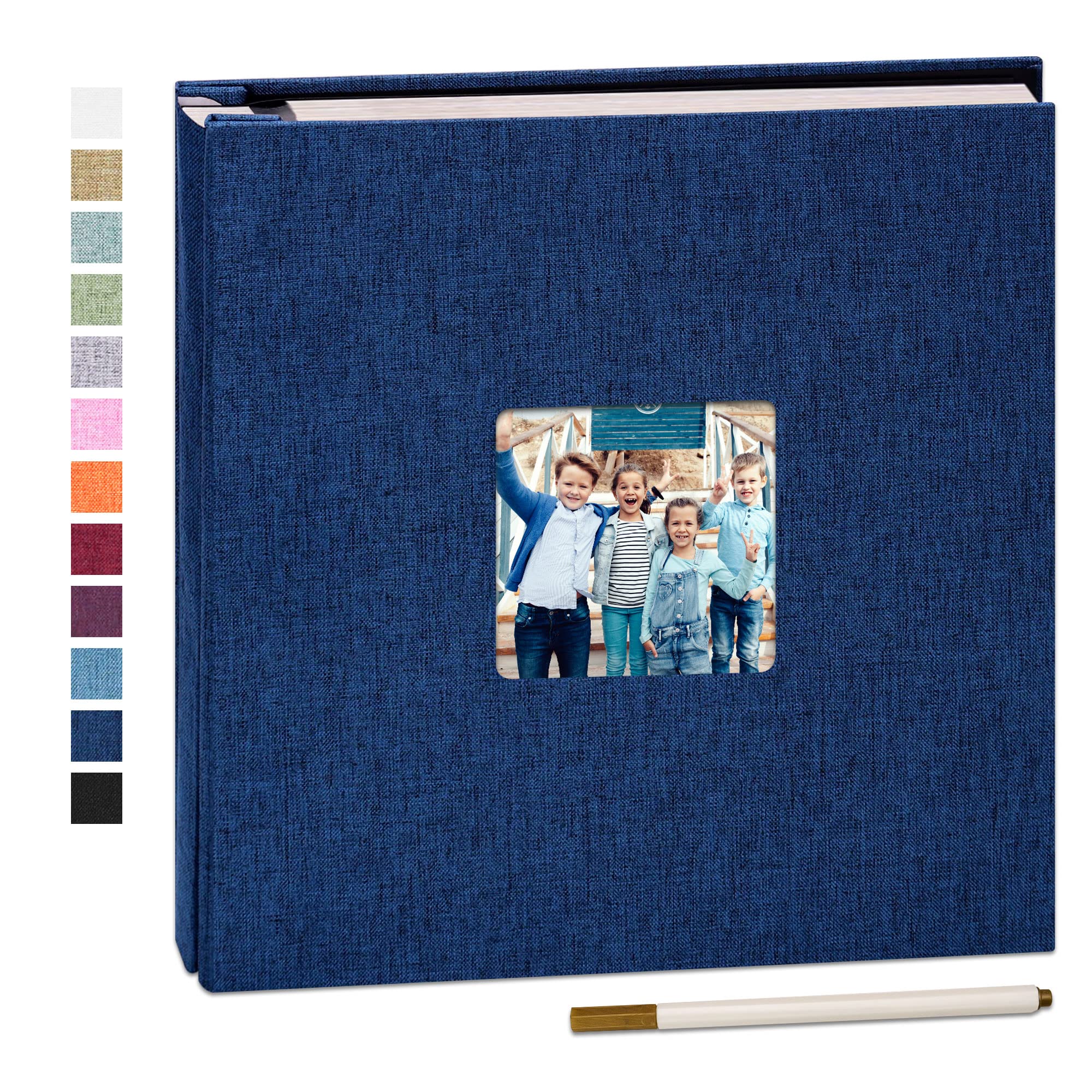 Yopih Self Adhesive Photo Album 28x27cm Fits 10x15 8x13 13x18 15x20 20x25 cm Photo Scrapbook with Window 40 Pages Linen Cover with A Metallic Pen DIY Memory Book for Baby Wedding Family Blue