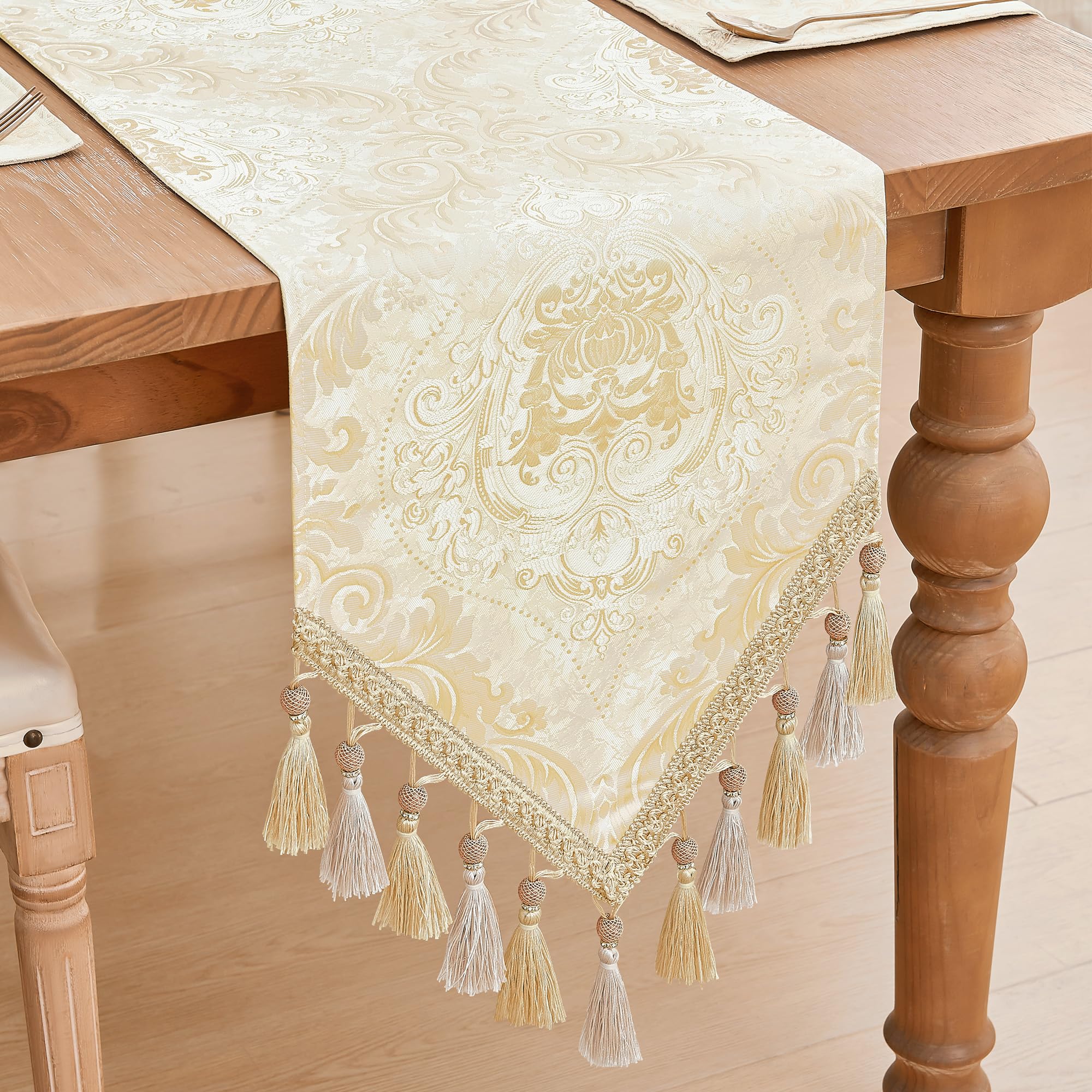 TOPLUXE Table Runner with Tassels, Jacquard Table Runner for Dining Room/Restaurant/Banquet/Festival Decoration (33x228cm, Light Gold)