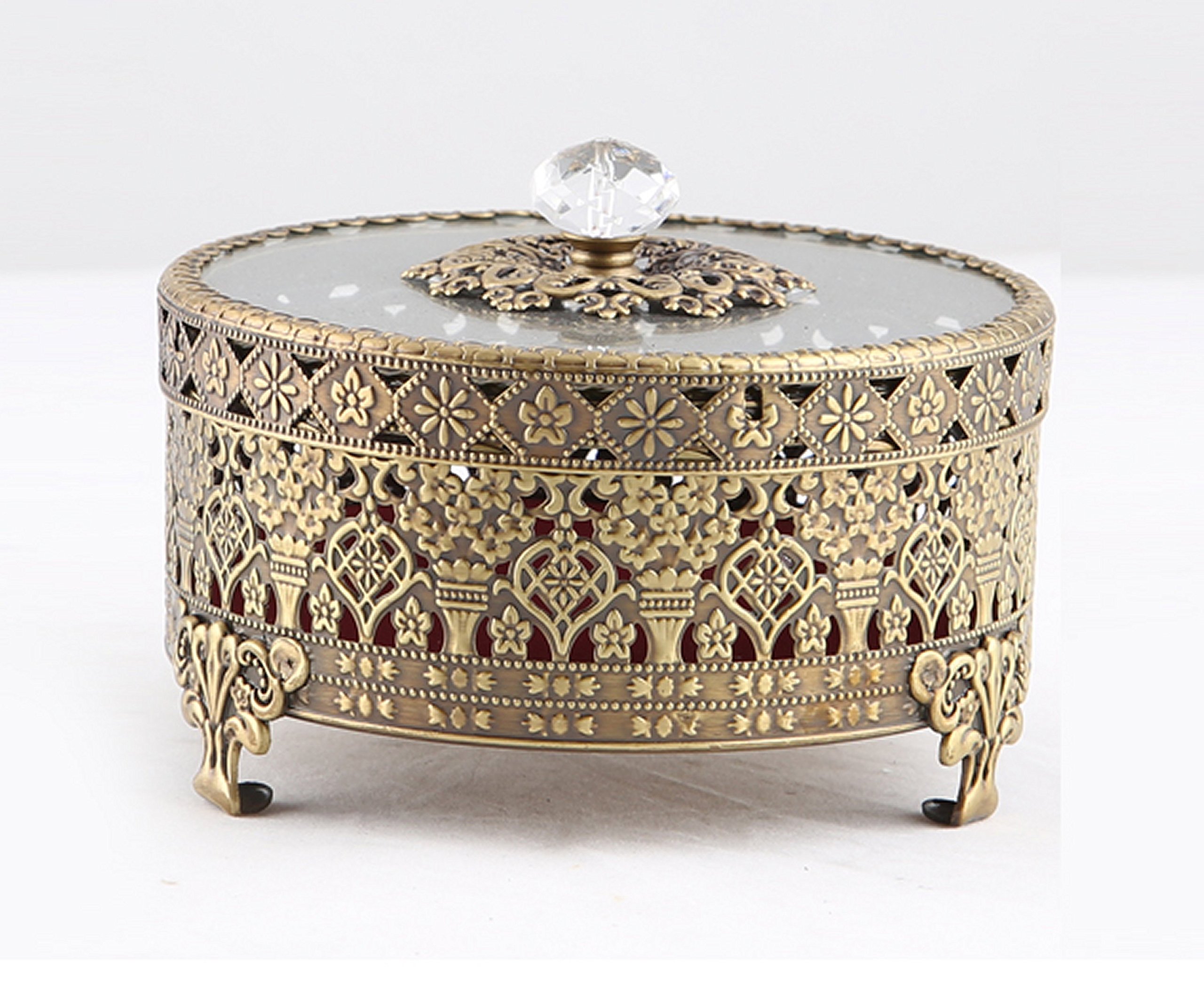 Vintage Round Jewelry Decorative Trinket Box Ring Box Antique Metal Case 3.8 inch (Brass (Matt Gold), Small)