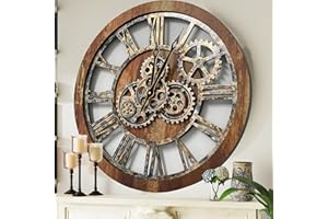 IMPROVINGLIFE The Gears Clock The Original Real Moving Gear Wall Clock Vintage Industrial Oversized Rustic Farmhouse (24 inch (60cm), Vintage Brown)