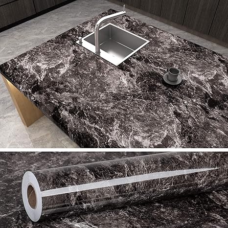 Amazon Veelike リメイクシート 大理石調 黒 光沢有り 大理石シート 壁紙シール リフォームシート 40cmx18m カッティングシート 石目調 ウォールステッカー 自己接着 Diy インテリアシール 厚手 キッチンシート 防水 耐熱 防汚 防油 防カビ 家具保護 テーブル 台所 洗面