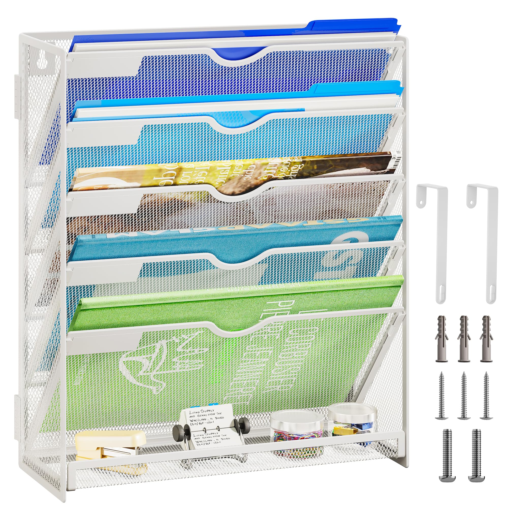 Photo 1 of Lavatino 6-Tier Hanging File Organizer, Wall Mount File Holder for Mails Folders Papers Magazine Organization, Vertical Document Organizer for Office Home - (White)