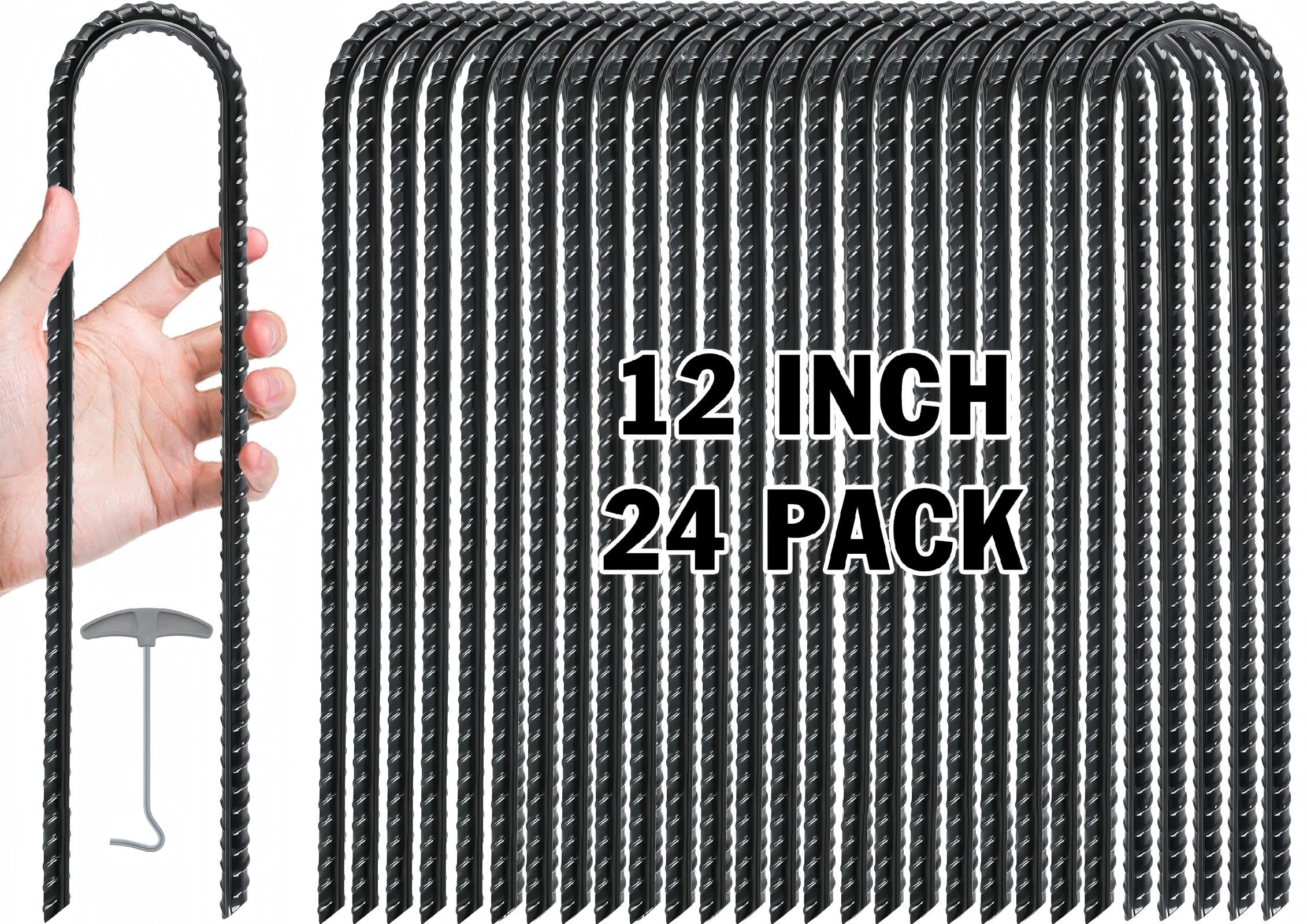 Gtongoko 24 Pack Trampoline Stakes, Trampoline Accessories, 12 Inch Ground Stakes Heavy Duty, Ground Anchors Screw in, Rebar Stakes, High Wind Tent Anchors, Galvanized Steel, U Shaped, Black Image