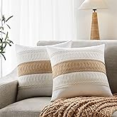 YZJZEDS Soft Cotton Boho Throw Pillow Covers Set of 2, Natural White/Contrast Brown 18x18 Inch, Tan Farmhouse Decorative Cushion Covers for Sofa Bed Living Room Home Decor