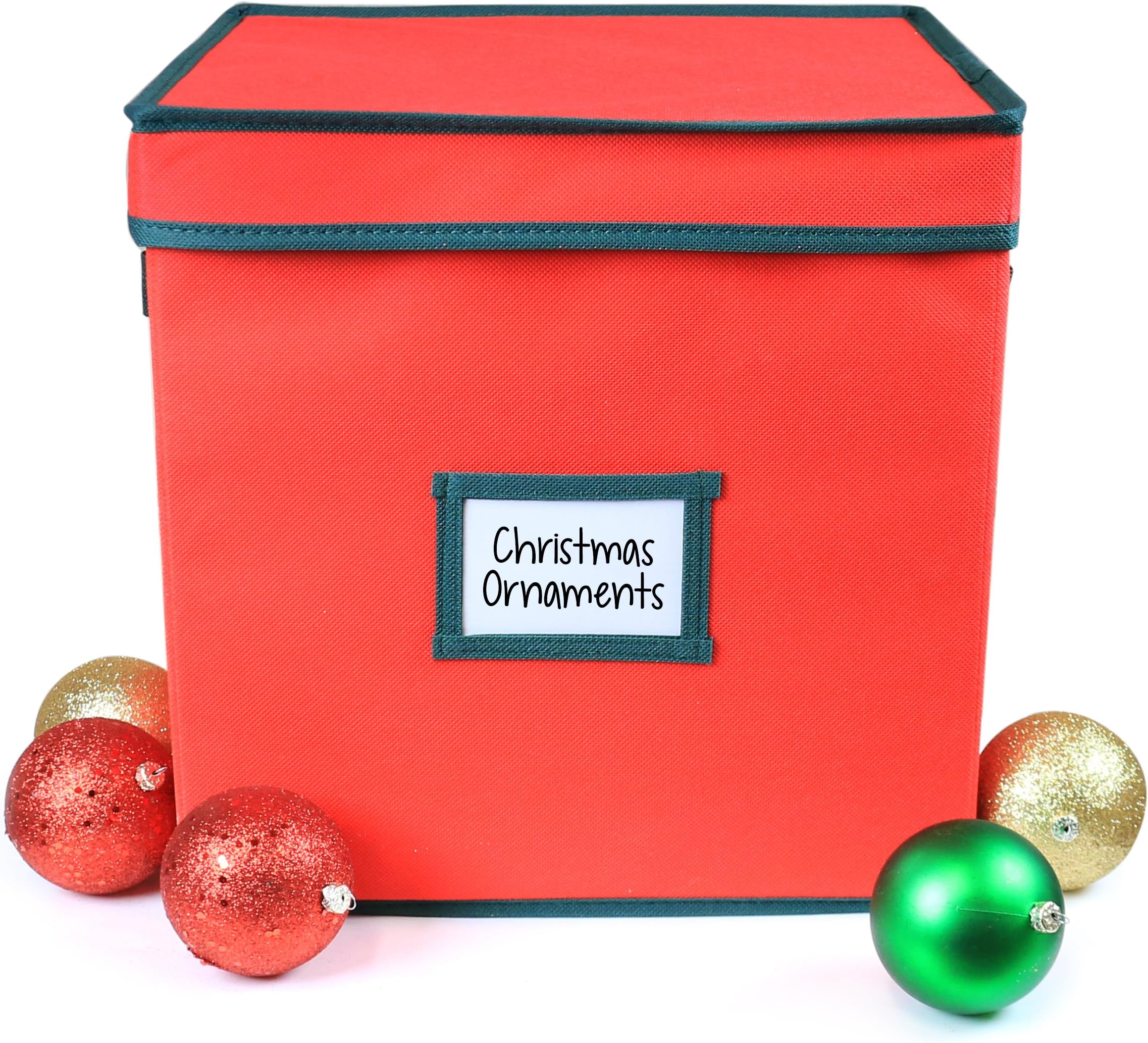 Hangorize Premium Heavy Duty Ornament Fabric Storage Box with Deviders, 4 Removable Trays, Fits 64 Ornaments Balls, Red (1 Pack, Christmas)