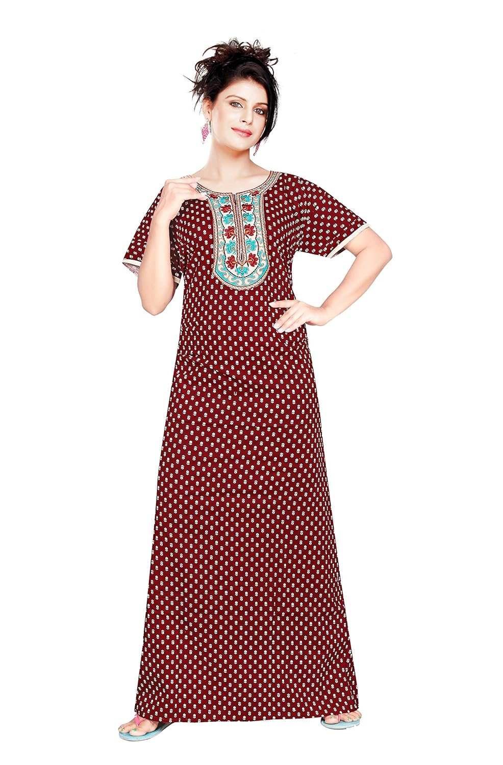 satyam women 60 sixty lenth gurjari print soft pure cotton embroidery xxl a line nighty